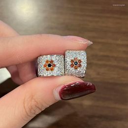 Hoop Earrings Delicate Orange Flowers For Women Small Circle Full Paved CZ Stone Trendy Female Ear Jewelry Wholesale