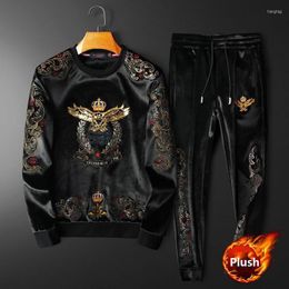 Men's Tracksuits Men's Plus Size Thickened Plush Winter Sweater Men's Sweat Suit Set Black Male Thermal Outfit Embroidery