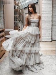 Light Grey Prom Dresses Long Tiered Tulle Spaghetti Pageant Evening Gowns 2022 A-Line Robe De Doiree Formal Party Dress