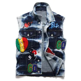 Moto & Biker Men's Badge Embroidered Denim Vest Casual Loose Blue Sleeveless Jacket Retro Motorcycle Metal Rock Street Waistcoat