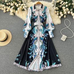 New Casual Women Dresses Spring Autumn Button Floral Print Slim Lady Full Dress A Line Turndown Collar Chiffon 2023