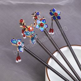 Handmade Cloisonne Butterly Hairpins Hair Sticks Vintage Wood Chinese Hair Pins For Women Hair Ornaments Head Jewelry