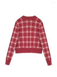 Women's Knits Vintage Knitted Cardigan Korean Sexy Sweet Women Sweater Suits &Vest Red Plaid Short Tops Female 2022 Autumn Casual