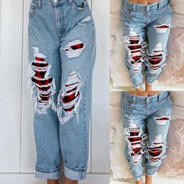 rip jeans NZ - Women's Jeans For Women 2022 High Quality Red Plaid Patchwork Ripped With Holes Ladies Fashion Washed Denim Pants D30 Women's