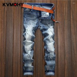 Men's Jeans Ripped Men Hip Hop Denim Patchwork Hollow Out Printed Beggar Style Casual Jogger Full Length Retro Pants Jean Trousers