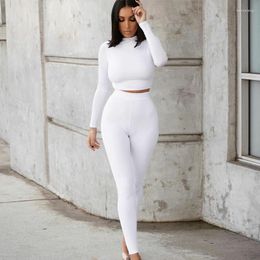 Women's Two Piece Pants Women's Sportswear 2 Set Solid Color Long Sleeve Elastic Crop Top And Tight-fitting Pant Outfit