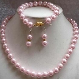 New Beautiful 8mm Necklace Bracelet Earring Set Pink Sea Pearl Shell
