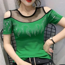 Women's T Shirts Off Shoulder Net Yarn Diamond T-Shirts Poleras De Mujer Moda 2022 Summer Woman Short Sleeve Rhinestone Tshirt Women Tops