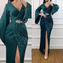 Green Sequins Mermaid Muslim prom Evening Dresses Long 2022 Full Sleeves Sexy V-Neck Slit Formal Evening Gowns Vestido De Festa Longo