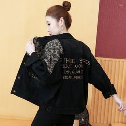 Women's Jackets Spring And Autumn Women's-Fit Long-Sleeve Embroidered Leopard Print Panel Denim Jacket