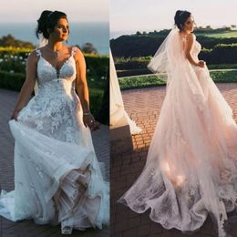 Vintage A Line Dresses Tulle Spaghetti Straps Lace Appliques Sweep Train Garden Wedding Bridal Gowns 328 328