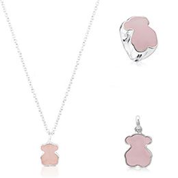-2019 100% 925 Sterling Silver Sweet Bear Rose Rose Quartz Clavicle Chain Urr Lor Urrable Colar Pinging224s