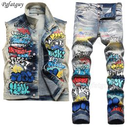 Tracksuits Retro Motorcycle 2 Piece Men's Set Nuclear Explosion Harley Rock Badge Denim Vest and Ripped Stretchy Jeans Male Two-piece Sets