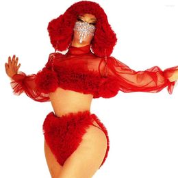 Stage Wear White Red Turtleneck Two Piece Set Bikini Sexy Beach Style Gauze Personality Performance Costume Ladies Uniform Costumes