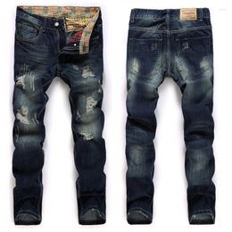 Men's Jeans Men's Frayed Ripped Broke Holes Straight Trousers European And American Nostalgic Washed Denim Male Pants JB965