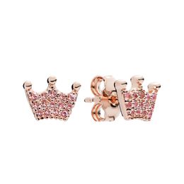 Cute Women Pink Crown Stud Earring Rose Gold Wedding Jewellery with Original Box For pandora CZ diamond Real Silver girlfriend gift Earrings