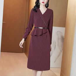 Casual Dresses M-3XL Women's Dress Long Sleeve 2022 Spring V-Neck Wine Red Fashion Striped Hip Solid Color Stitching Vestidos Mujer