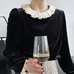 Women's Sweaters Women's Women Ruffled Collar Velvet Blouse Vintage French Chiffon Cuff Spliced Spring Black High Quality Short Top