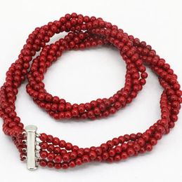 4rows 4mm red coral round beads necklace women fashion party Jewellery 18"