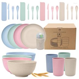 Flatware Sets 29 PCS Eco Friendly Biodegradable Plates And Cutlery Dinnerware Set Reusable Wheat Straw Tableware
