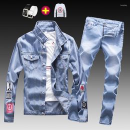 Men's Tracksuits Men's Fashion Mens Washed Denim Jacket Jeans Pants 2pcs Set Appliques Long Sleeve Coat Casual Slim Fit Boys Clothing