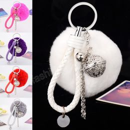 Fluffy Rabbit Fur Key chain With Bell Pompom Ball Leather Key Ring Holders Charm Women Bag Car Pendant Jewelry Trinket Accessory