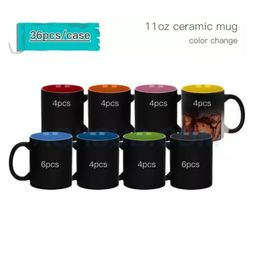 11oz Sublimation Hot Change Colour Inner Ceramics Mugs Thermal Transfer Black Mug with Handle DIY Coffee Water Bottle US Warehouse B6