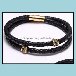 Beaded Strands Fashion 10Pc/Set Braided Zircon Leather Bracelet For Men Stainless Steel Bangle With Magnetic Clasp Hand Dhseller2010 Dhp2F