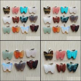 Charms Carved Butterfly Shape Assorted Natural Stone Charms Crystal Pendants For Necklace Accessories Jewelry Making Drop Delivery 20 Dhq8L