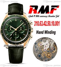 RMF Moonwatch Moonshine Manual Winding Chronograph Mens Watch 2022 18K Yellow Gold Green Dial Rubber 310.63.42.50.10.001 Apollo 11 50th Anniversary Edition Puretime A1