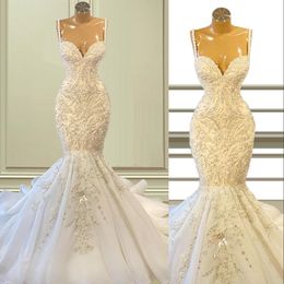 2022 vestidos de casamento sereia vestidos de noiva sexy renda árabe apliques bordado cristal miçangas cintas de espaguete plus size vintage o324n