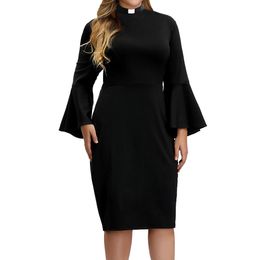 Church Dress for Women Plus Size Ruffle Bell Sleeve Flounce Clergy Pencil Dresses