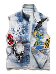 Summer Casual Loose Vest Metal Rock Badge Embroidered Waistcoat For Male Moto&Biker Cotton Denim Sleeveless Jackets Veste Homme