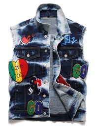 Fashion Loose Men's Badge Embroidered Denim Vest Moto&Biker Blue Sleeveless Jacket Retro Motorcycle Metal Rock Street Waistcoat