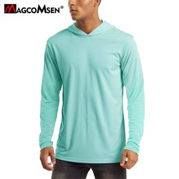 Men's T Shirts MAGCOMSEN Men's Hooded UV Sun Protection T-Shirt Long Sleeve Quick Dry Beach Summer UPF 50 Hoodie T Shirt Man Surfing Tees Tops 220905