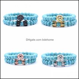 Beaded Strands 2Pcs Set Black Micro Inlay Double Crown Copper Lion Head Bracelet Men And Women Couple Friendship Drop D Dhseller2010 Dhzg5