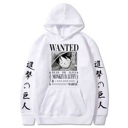 Hoodies Hoodie One Piece Luffy Anime Attack on Titan Fleece Pullover Sweatshirts Streetwear Oversized Clothes Y211122