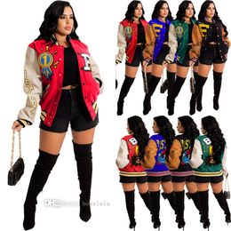 Womens Warm Jacket 2022 Fall Winter Printed Color Blocking Button Buckle Baseball Clip Coat