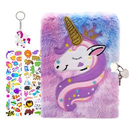 Notepads Unicorn Diary with lock keys for Kid Girls Gift Cute Plush Notebook A5 Size Secret Fuzzy Journal with 1 Keychain 2 Stickers 220902