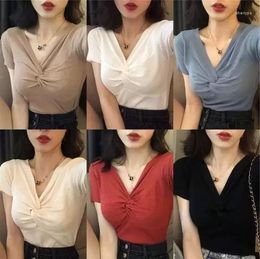 Women's T Shirts Summer Women Clothes Knitted T-shirt Women's Short Sleeve Ice Silk Cross Knot Topsv Neck Slim Care Machine Shirt