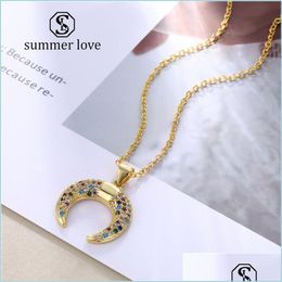 Pendant Necklaces 925 Sterling Sier Rainbow Cz Pendant Necklaces Crescent Moon Long Gold Chain Women Zircon Necklace Jewellery Sexyhanz Dhkcl