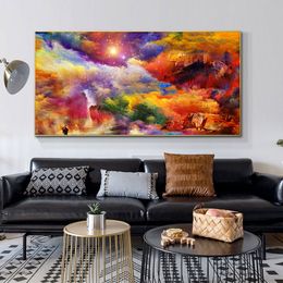 Canvas Painting Abstract And Colorful Sky Mountain Scandinavia Posters and Prints Cuadros Wall Art Pictures For Living Room