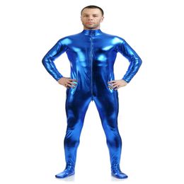 Unisex Funny Dress Shiny metallic Catsuit Costumes Black jumpsuit lycar Spandex Zentai Bodysuit Party club stage costumes front zipper without hood and gloves