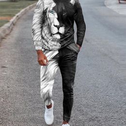 Mens Tracksuits Mens Long Sleeve TShirt Tracksuit 2 Piece 3D Printed Retro Black and White Lion King Style Oversized Tracksuit 220905