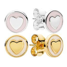 Pink Love Heart Disc Stud Earrings 925 Sterling Silver Women designer Jewellery with Original Box For pandora Yellow Gold plated girlfriend Gift Earring