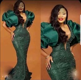 Elegant Green Prom Dresses with Puff Sleeves Beads Sequined Mermaid Evening Gowns Plus Size Special Occasion Women Party Dress BC14347 for African Women
