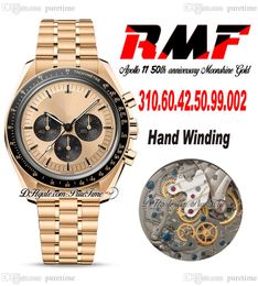RMF Moonwatch Moonshine Manual Winding Chronograph Mens Watch 2022 Yellow Gold Champagne Dial Steel Bracelet Apollo 11 50th Anniversary Edition Puretime D4