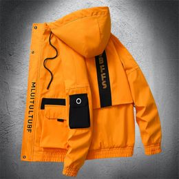 Men's Jackets Mens Hooded Jacket Spring Autumn Thin Patchwork Man Casual Coat Multipocket Sport Windbreaker Hip Hop Streetwear 220905