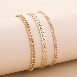 3pcs/set goldene Farbe Einfache Figaro Fischknochenkette Armb￤nder Set f￼r Frauen Strandschmuckzubeh￶r Verkn￼pfung Bracelet Geschenke
