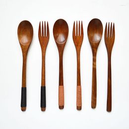 Flatware Sets Dinner Scoop Forks Wooden Dinnerware Set Long Handle Japanese Minimalist Tableware Manual Tangled Lines Salad